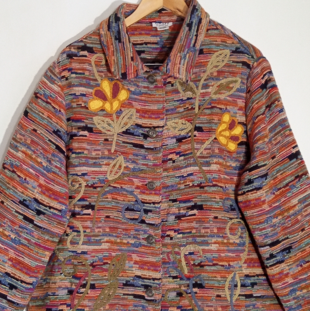 Graff by Um Company multi color handwoven button down jacket with embroidery